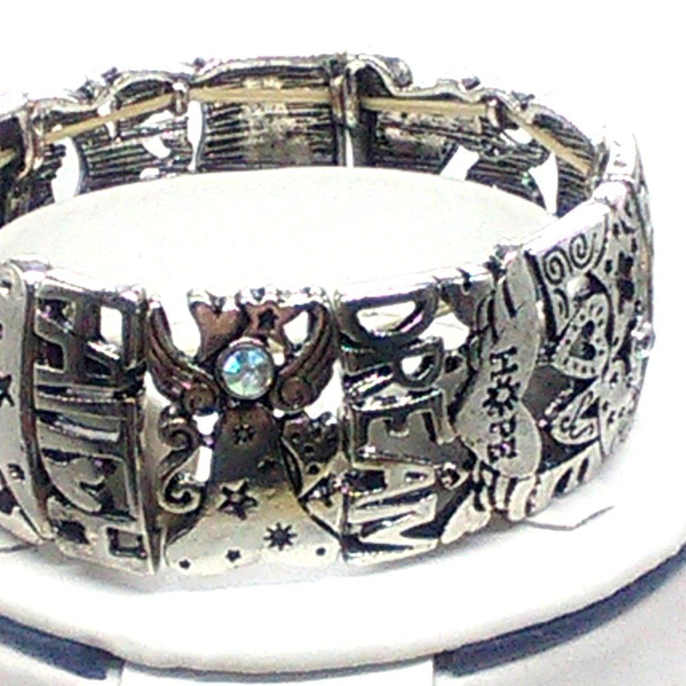 Silver-tone Inspiration Stretch Bracelet Cutouts Crystals Wish Love Peace Bless